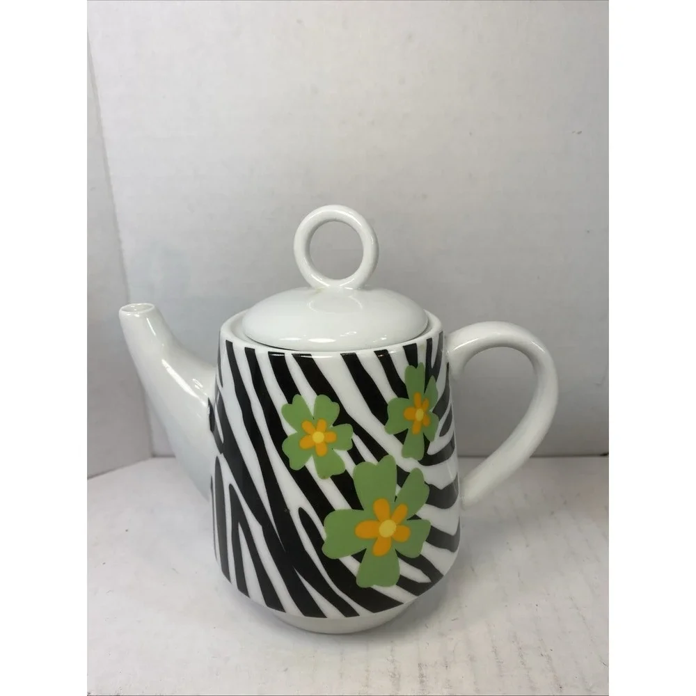 TEA FOR ONE Cute Ceramic Teapot &‎ Cup Zebra Stripe and Flowers